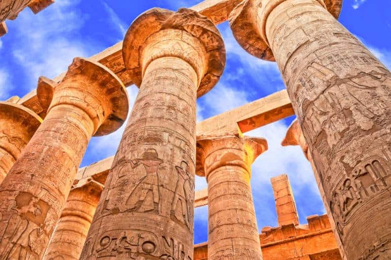 Great Hypostyle Hall and clouds at the Ramesseum Temple Temples in Luxor, Egypt.