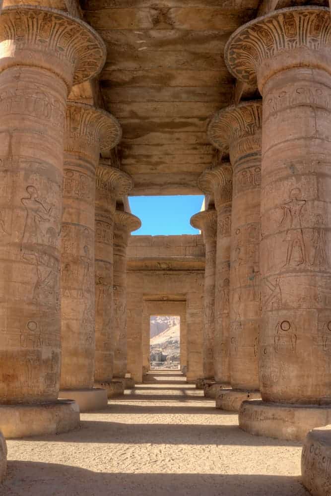 Colonnade of king Ramses II in Habu temple, Luxor, Egypt